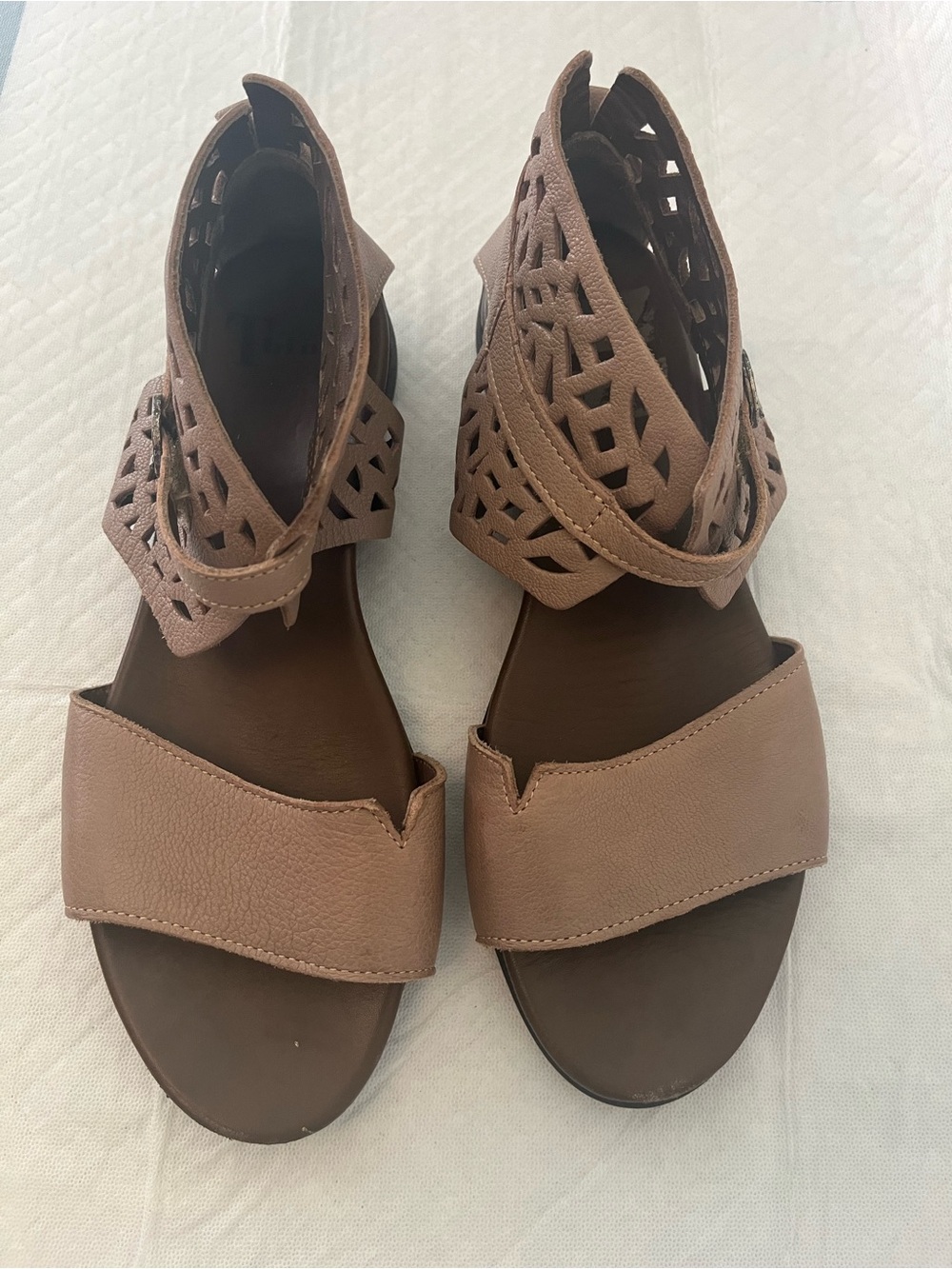 Think! Brown Laser-Cut Ankle-Strap Sandals